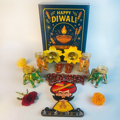 Premium Diwali Decorative Gift Hamper – Traditional Festival Combo with Diyas, Elephants, Key Holder & Wall Decor-Giftii