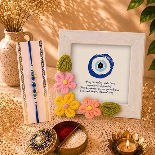 Evil Eye Charm Rakhi & Crochet Frame Gift Set-Giftii