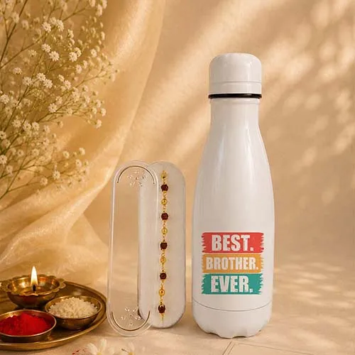 Raksha Bandhan Rudraksha Rakhi and Insulated Water Bottle Combo for Bhai-Giftii