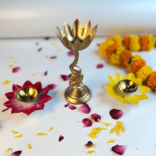 Three-piece metal elephant candle holder with two ornamental lotus diyas-Giftii