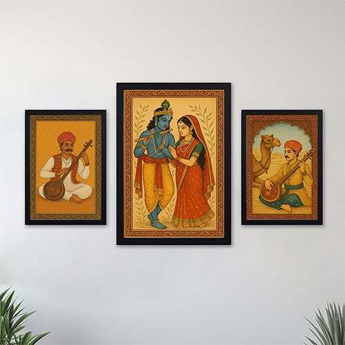 Radha Krishna Painting With Rajasthani Musician Wall Frame Set-Giftii
