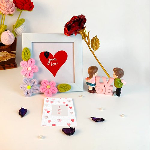 Frame with Crochet Flowers & Couple Showpiece Valentine Gift Combo-Giftii