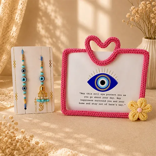 Handmade Pink Crochet Frame with Evil Eye Rakhi Set-Giftii