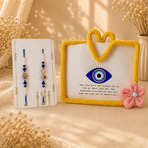 Nazar Suraksha Rakhi Combo with Handmade Yellow Crochet Frame-Giftii