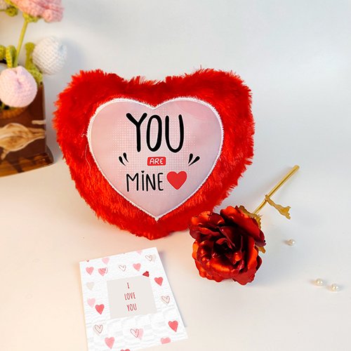 Cute Valentine Gift Hamper With Heart Pillow & Rose-Giftii