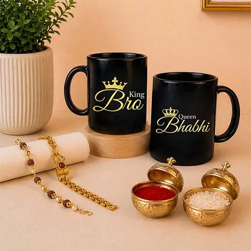 King Bro Queen and Bhabhi Luxury Rakhi Mug Set-Giftii