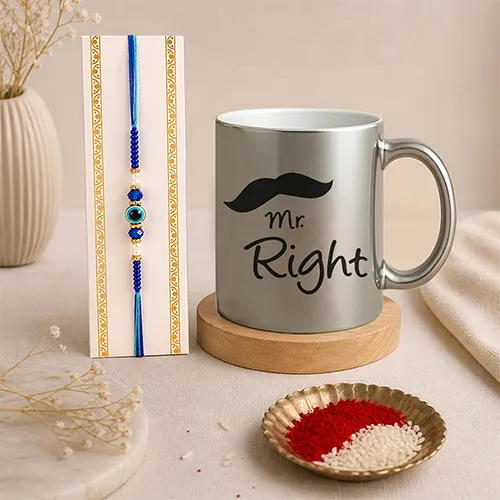Mr Right Brother Evil Eye Rakhi Mug Combo-Giftii