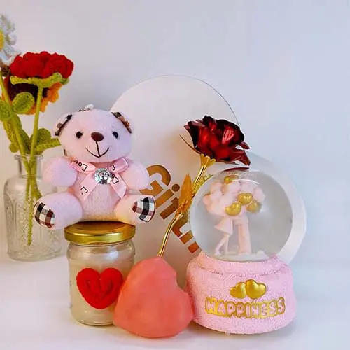 Romantic Happiness Gift Hamper with Teddy, Candle Jar & Snow Globe-Giftii