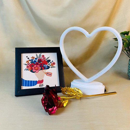 Heart Lamp Combo with Personalized Photo and Red Metal Rose-Giftii