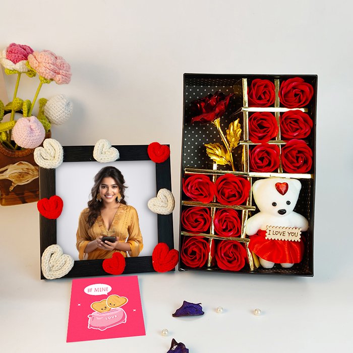 Personalized Love Memory Photo Frame with Rose Box & Teddy Combo-Giftii