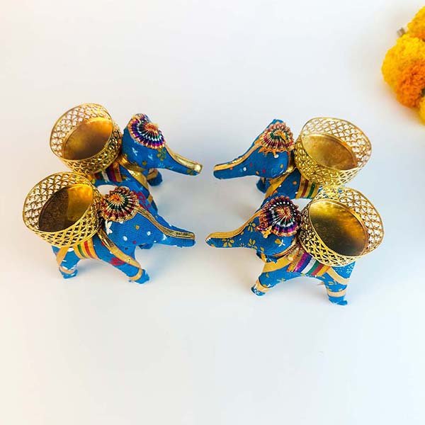 Royal Blue Festive Elephant T-Light Holders (Set of 4)-Giftii