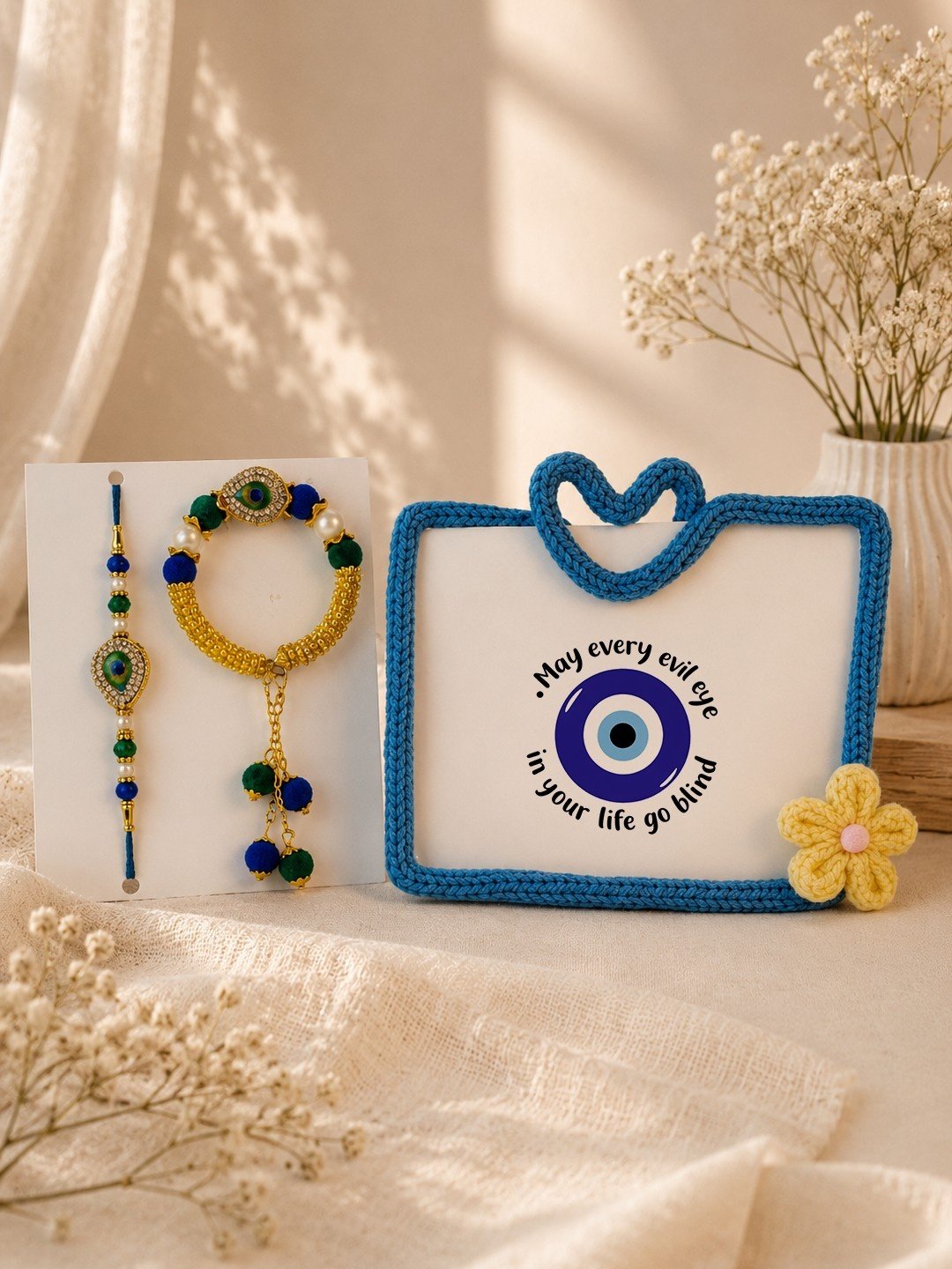 Nazar Suraksha Rakhi Combo for Bhaiya Bhabhi with Handmade Crochet Frame-Giftii
