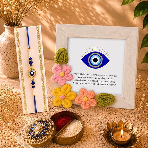 Handcrafted Evil Eye Rakhi Gift Set with Crochet Floral Protection Frame-Giftii