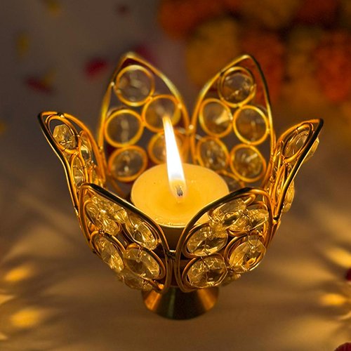 Lotus Crystal Metal Diya-Giftii