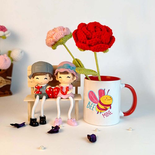 Cute Couple Showpiece with Bee Mine Mug & Crochet Flowers-Giftii