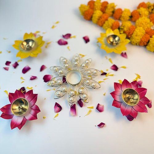 Five Decorative Tealight Holders with Lotus and Pearls-Giftii