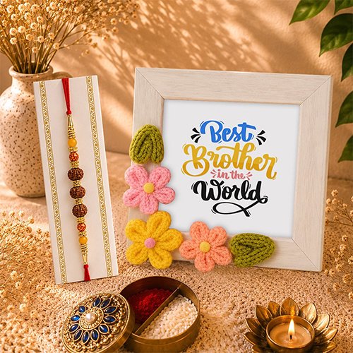 Rudraksha Rakhi & Crochet Frame Gift Set-Giftii