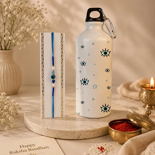 Blue Nazar Blessings Rakhi & Sipper Bottle Set For Brother-Giftii