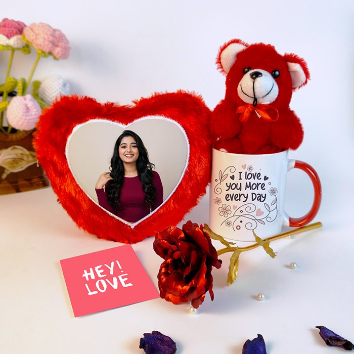 Personalized Love Gift Combo – Photo Heart Cushion, Teddy Mug & Rose-Giftii