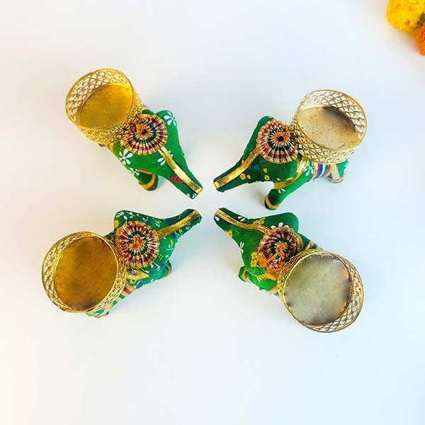 Emerald Green Handcrafted Elephant Tea Light Holder Set (4 Pcs)-Giftii