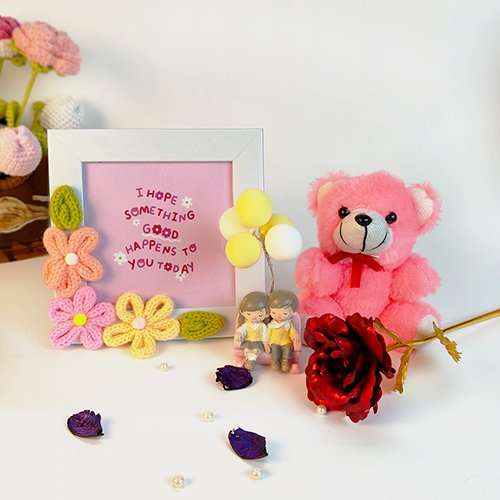 Cute Valentine Gift Combo with Frame with Pink Teddy & Mini Couple Figurine-Giftii