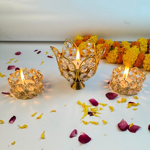 Candle Holders with Crystal Lotus Diya (Set of 3)-Giftii