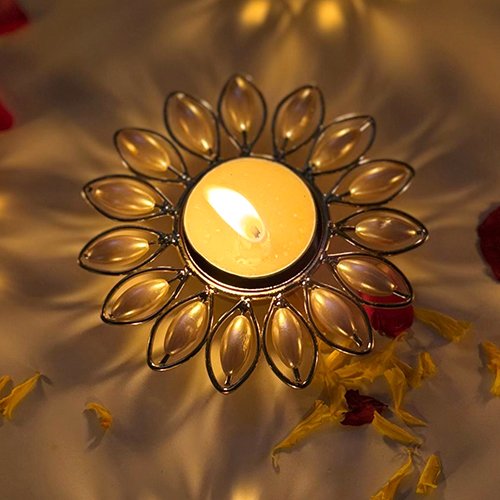 Pearl Flower Design Metal Diya-Giftii