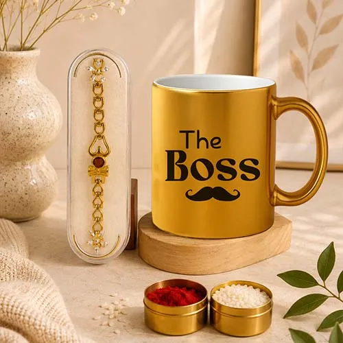 Designer Rakhi with Boss Printed Golden Mug for Brother-Giftii