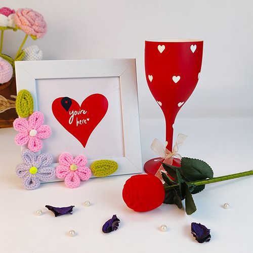 Valentine Gift Set with Love French knit crochet Frame,Wine Glass & Rose-Giftii