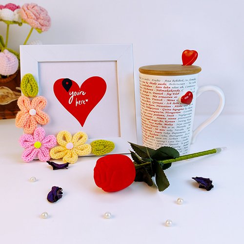 Valentine’s Day Gift Set with Love Mug, French cord crochet Heart Frame-Giftii