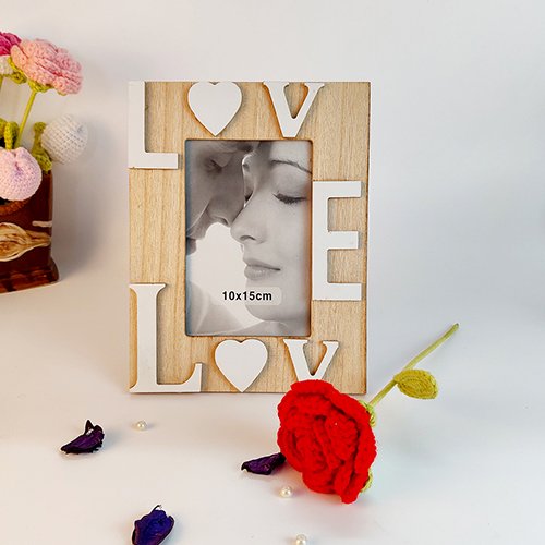 Personalized Wooden Photo Frame with Crochet Red Rose Valentine Gift-Giftii