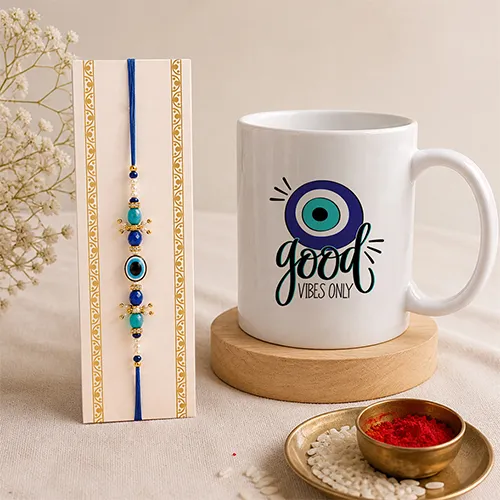 Nazar Shield Good Vibes Rakhi Mug Combo-Giftii