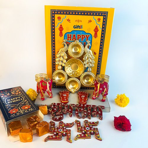 Premium Diwali Decorative Gift Hamper – Traditional Combo with Diyas, Elephants, Key Holder & Handmade choclates-Giftii