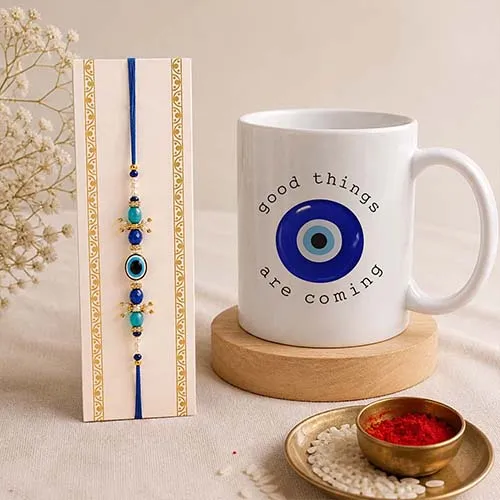 Good Things Are Coming Evil Eye Rakhi Mug Set-Giftii