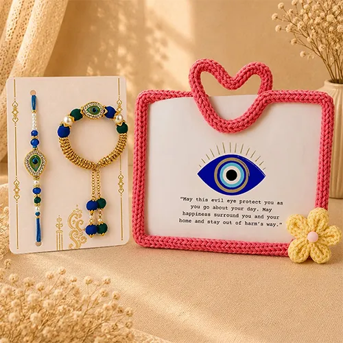 Pink Crochet Frame with Designer Evil Eye Rakhi Combo-Giftii
