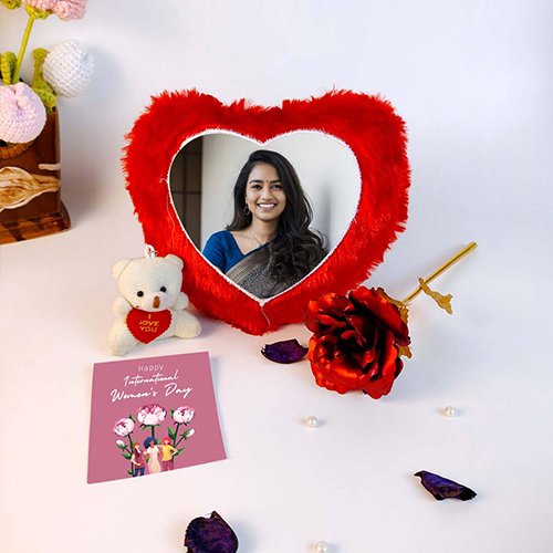 Personalized Women’s Day Heart Photo Frame with Teddy|Gift for Her-Giftii