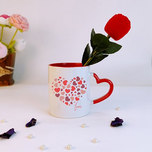 Heart Handle Love Mug with Rose Valentine Gift for Girlfriend-Giftii