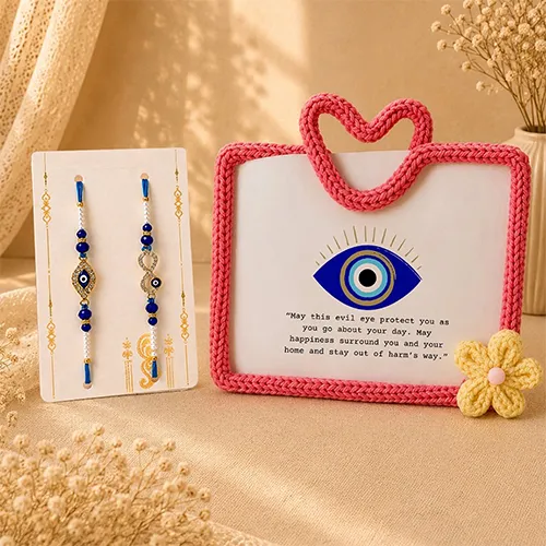 Pink Crochet Frame with Diamond & Infinity Rakhi Set-Giftii