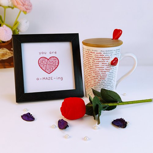 Valentine Gift with Love Mug, Heart Photo Frame & Red Rose For Wife-Giftii
