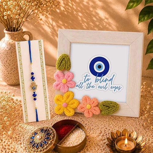 Evil Eye Bhaiya Bhabhi Rakhi Set with Handmade Crochet Gift Frame-Giftii