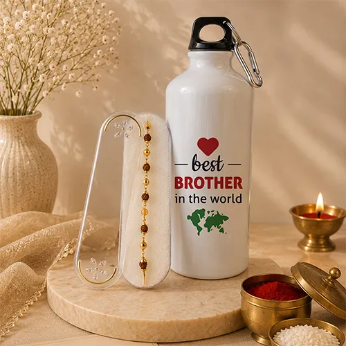 Rudrtaksha Bracelet Rakhi With Sipper Bottle For Brother-Giftii