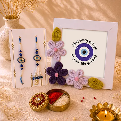 Evil Eye Rakhi & Crochet Frame Gift Box for Bhaiya Bhabhi-Giftii