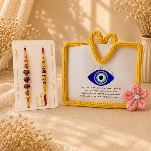 Crochet Nazar Frame with Traditional Rudraksha Rakhi-Giftii
