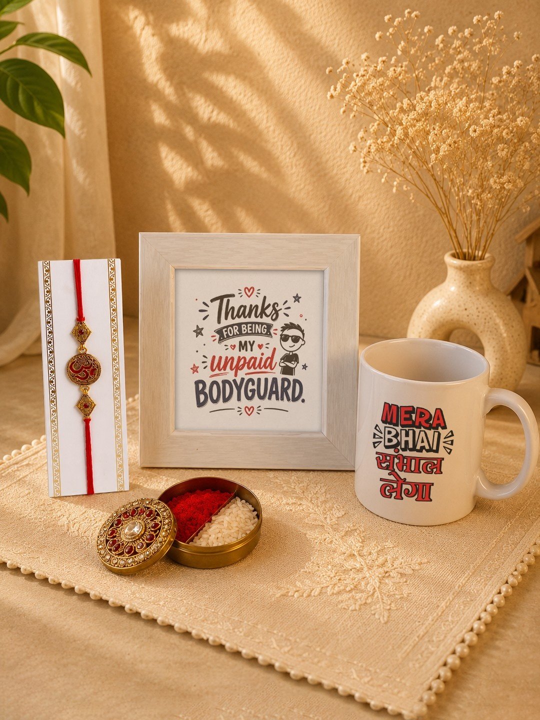 forever-my-protector-rakhi-gift-set-for-brother---om-rakhi-appreciation-frame-and-printed-mug-combo