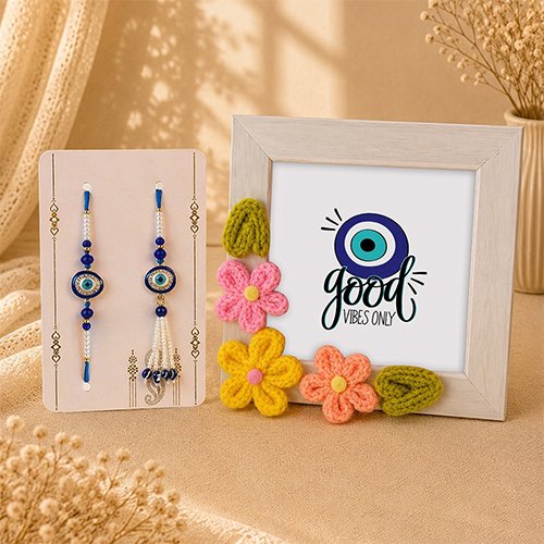 Evil Eye Bhaiya Bhabhi Rakhi Set | Handmade Crochet Frame Gift-Giftii
