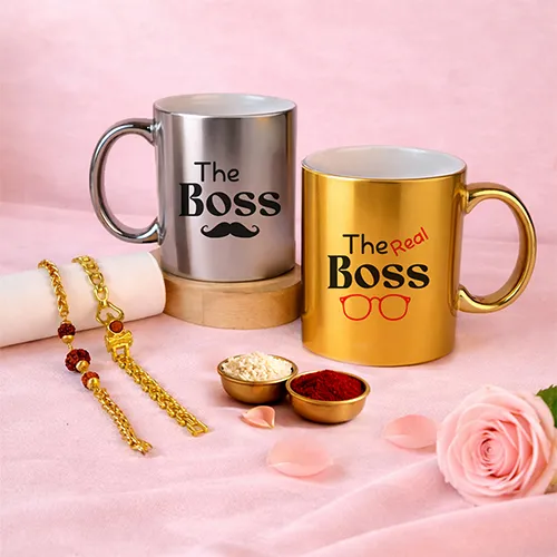 Luxury Rudraksha Rakhi Mug Set For Bhai Bhabhi-Giftii
