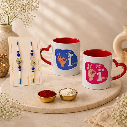 No.1 Bhai No.1 Bhabhi Rakhi Mug Combo-Giftii