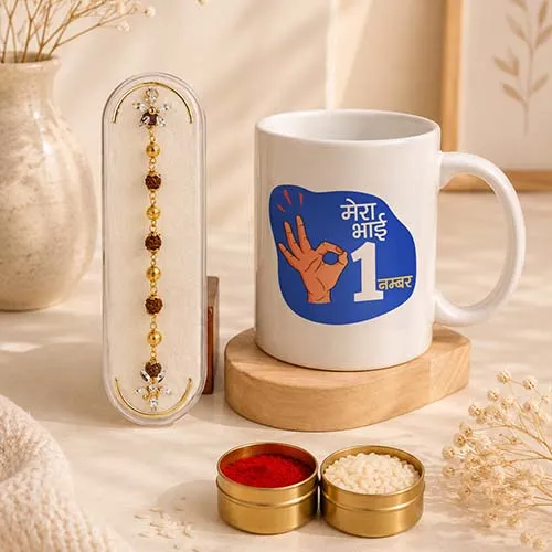 Premium Designer Rakhi with No.1 Brother Mug Gift Set-Giftii