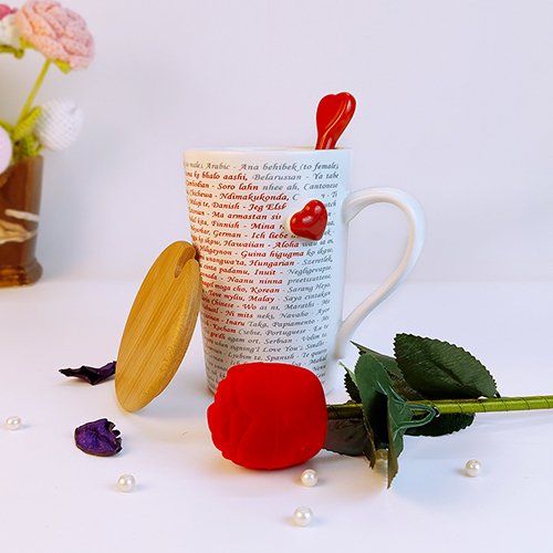 Valentine’s Day  Love Mug with Heart Spoon & Rose With Ring-Giftii