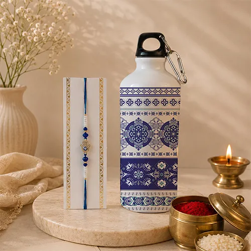 Blue Aura Rakhi & Designer Bottle Set For Brother-Giftii